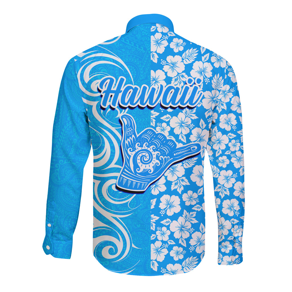 Hawaii Kauai Island Long Sleeve Button Shirt Hibiscus Pattern Seamless Tribal Simple Blue LT03 - Polynesian Pride