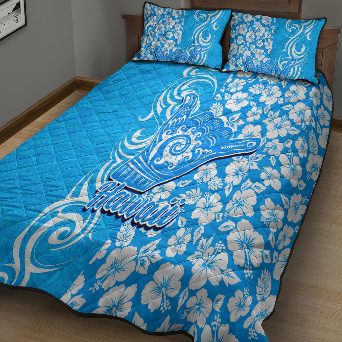 Hawaii Kauai Island Quilt Bed Set Hibiscus Pattern Seamless Tribal Simple Blue LT03 - Polynesian Pride