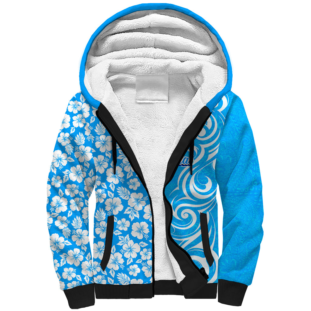Hawaii Kauai Island Sherpa Hoodie Hibiscus Pattern Seamless Tribal Simple Blue LT03 Unisex Blue - Polynesian Pride