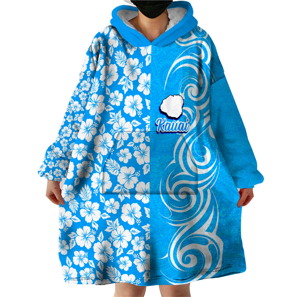 Hawaii Kauai Island Wearable Blanket Hoodie Hibiscus Pattern Seamless Tribal Simple Blue LT03 - Polynesian Pride