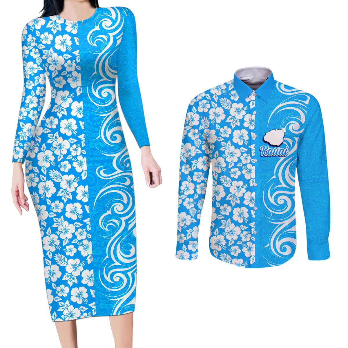 Custom Hawaii Kauai Island Couples Matching Long Sleeve Bodycon Dress and Long Sleeve Button Shirts Hibiscus Pattern Seamless Tribal Simple Blue LT03 Blue - Polynesian Pride
