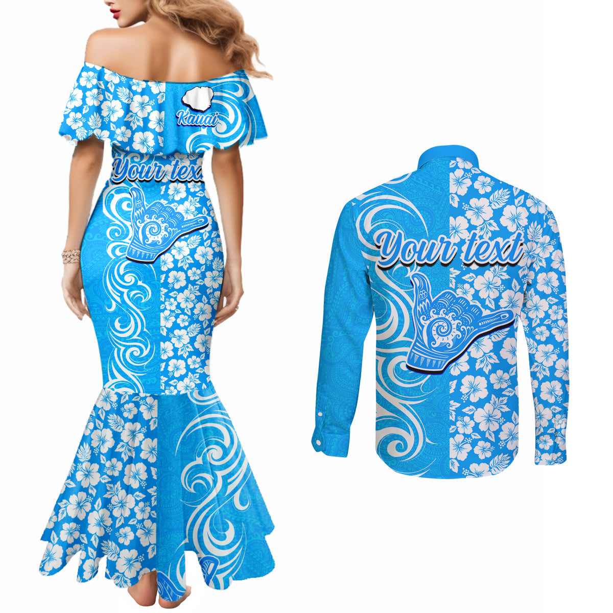 Custom Hawaii Kauai Island Couples Matching Mermaid Dress and Long Sleeve Button Shirts Hibiscus Pattern Seamless Tribal Simple Blue LT03 - Polynesian Pride