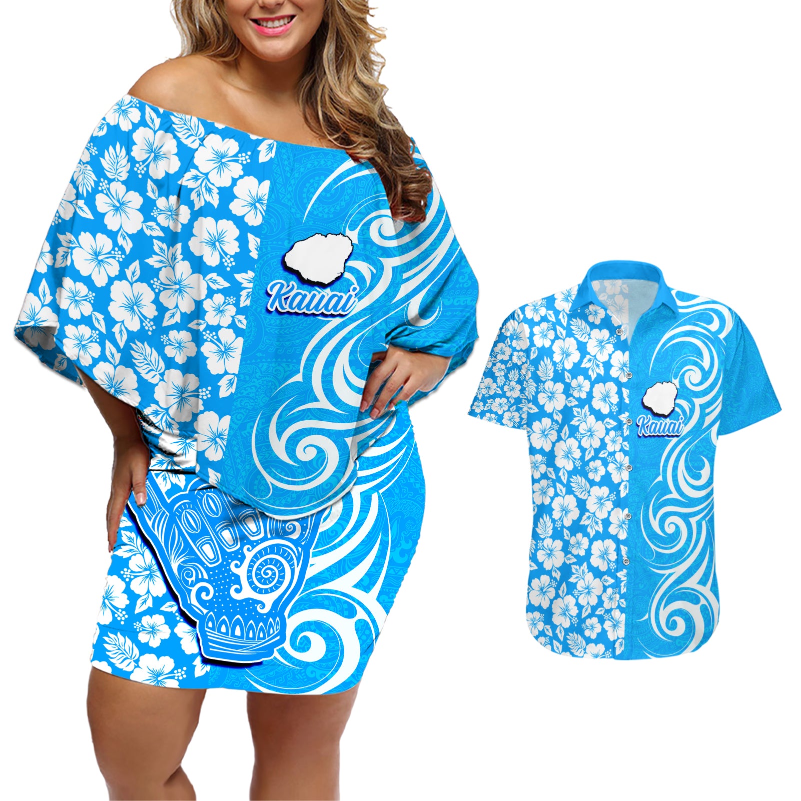 Custom Hawaii Kauai Island Couples Matching Off Shoulder Short Dress and Hawaiian Shirt Hibiscus Pattern Seamless Tribal Simple Blue LT03 Blue - Polynesian Pride