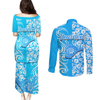 Custom Hawaii Kauai Island Couples Matching Puletasi Dress and Long Sleeve Button Shirts Hibiscus Pattern Seamless Tribal Simple Blue LT03 - Polynesian Pride