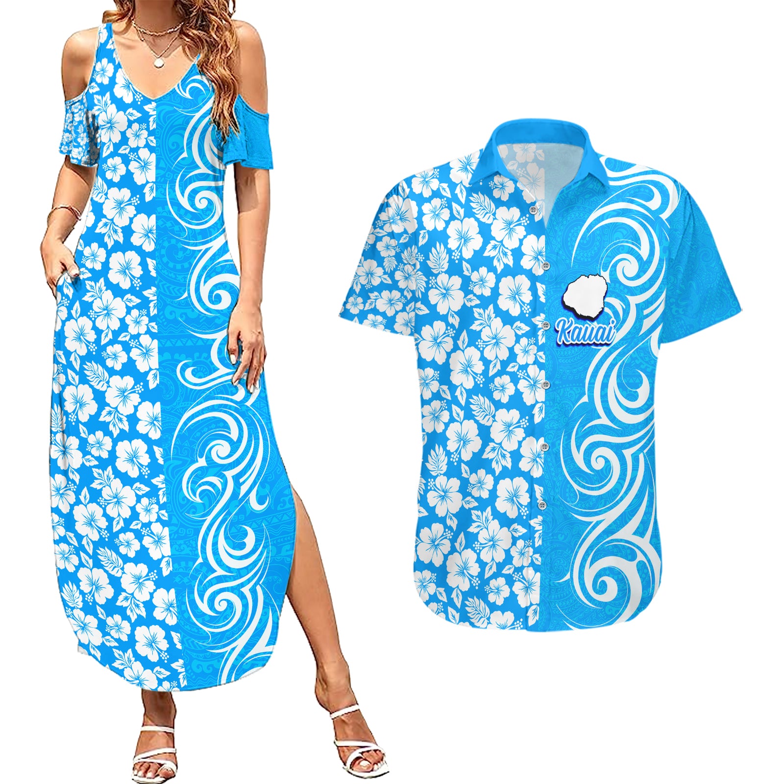 Custom Hawaii Kauai Island Couples Matching Summer Maxi Dress and Hawaiian Shirt Hibiscus Pattern Seamless Tribal Simple Blue LT03 Blue - Polynesian Pride