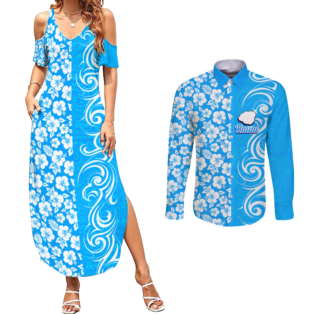 Custom Hawaii Kauai Island Couples Matching Summer Maxi Dress and Long Sleeve Button Shirts Hibiscus Pattern Seamless Tribal Simple Blue LT03 Blue - Polynesian Pride