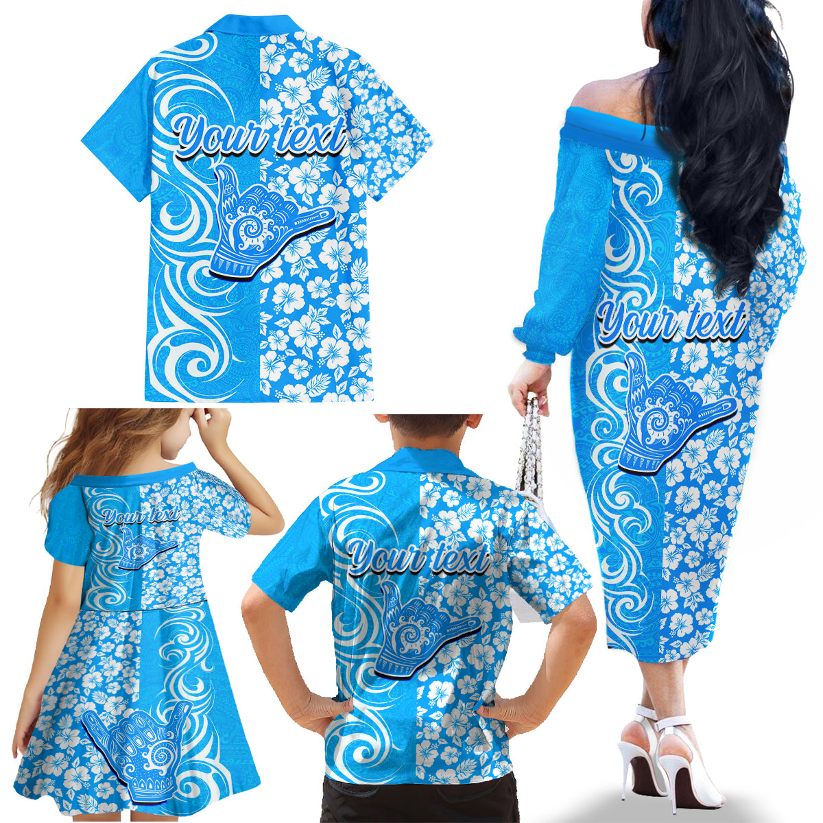 Custom Hawaii Kauai Island Family Matching Off Shoulder Long Sleeve Dress and Hawaiian Shirt Hibiscus Pattern Seamless Tribal Simple Blue LT03 - Polynesian Pride