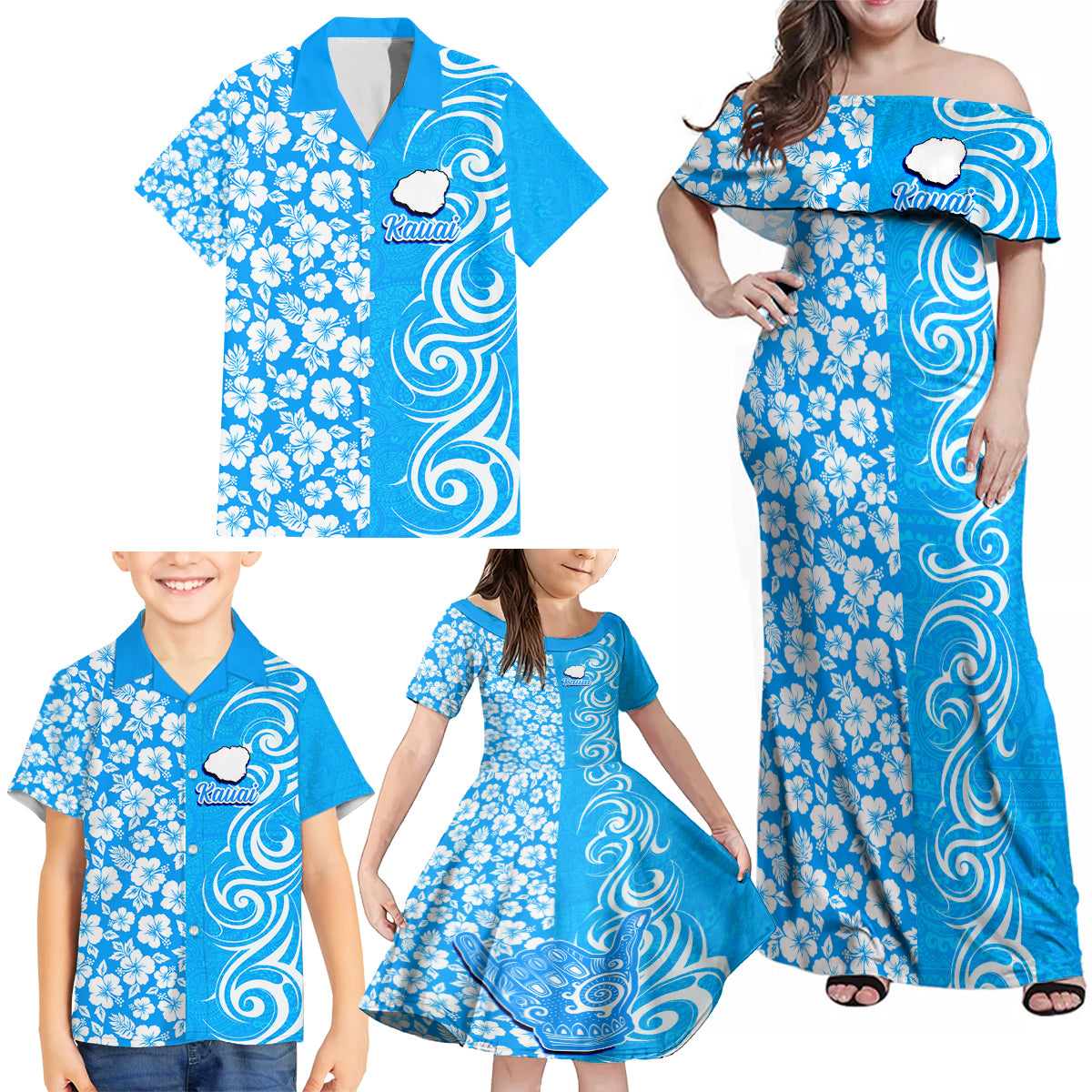 Custom Hawaii Kauai Island Family Matching Off Shoulder Maxi Dress and Hawaiian Shirt Hibiscus Pattern Seamless Tribal Simple Blue LT03 - Polynesian Pride