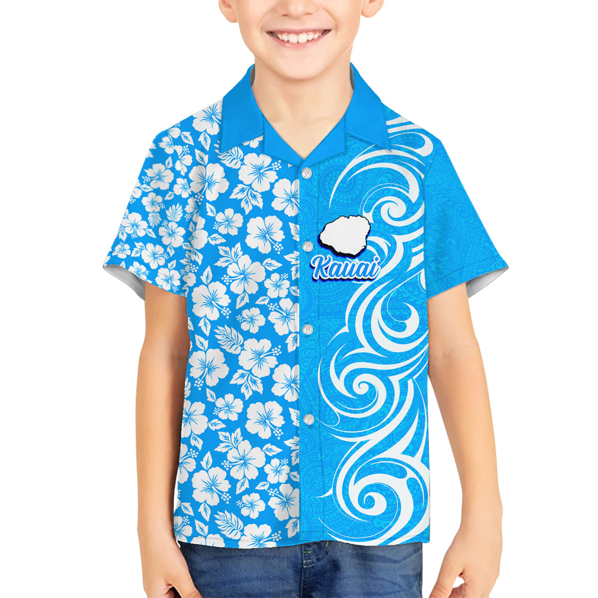 Custom Hawaii Kauai Island Family Matching Summer Maxi Dress and Hawaiian Shirt Hibiscus Pattern Seamless Tribal Simple Blue LT03 Son's Shirt Blue - Polynesian Pride