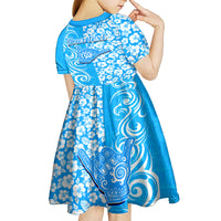 Custom Hawaii Kauai Island Kid Short Sleeve Dress Hibiscus Pattern Seamless Tribal Simple Blue LT03 - Polynesian Pride