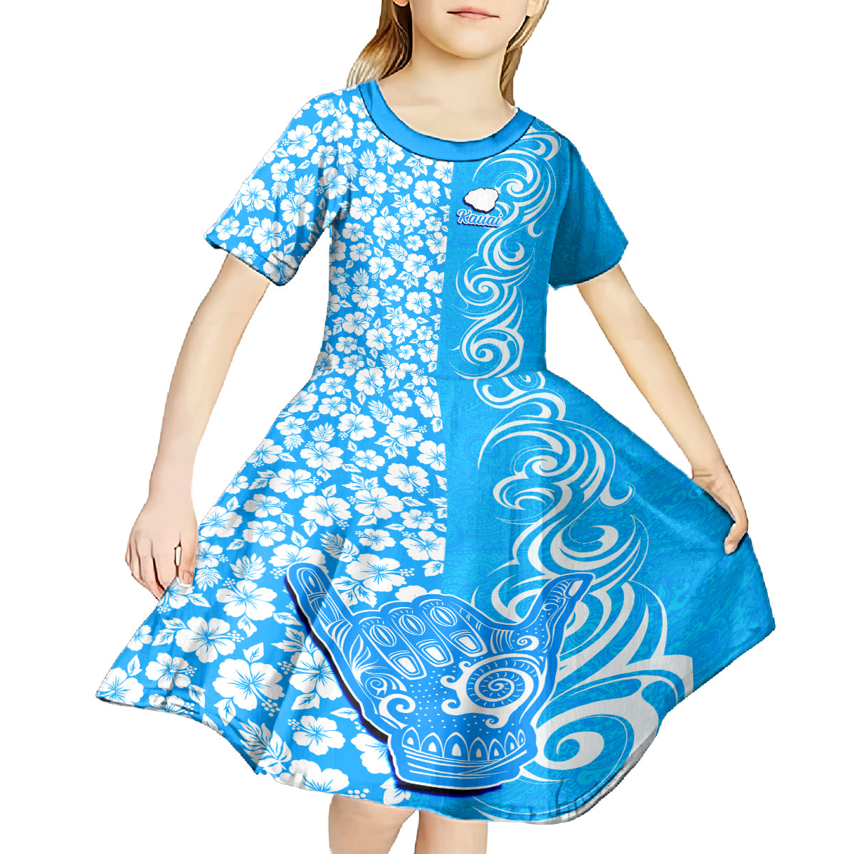 Custom Hawaii Kauai Island Kid Short Sleeve Dress Hibiscus Pattern Seamless Tribal Simple Blue LT03 - Polynesian Pride