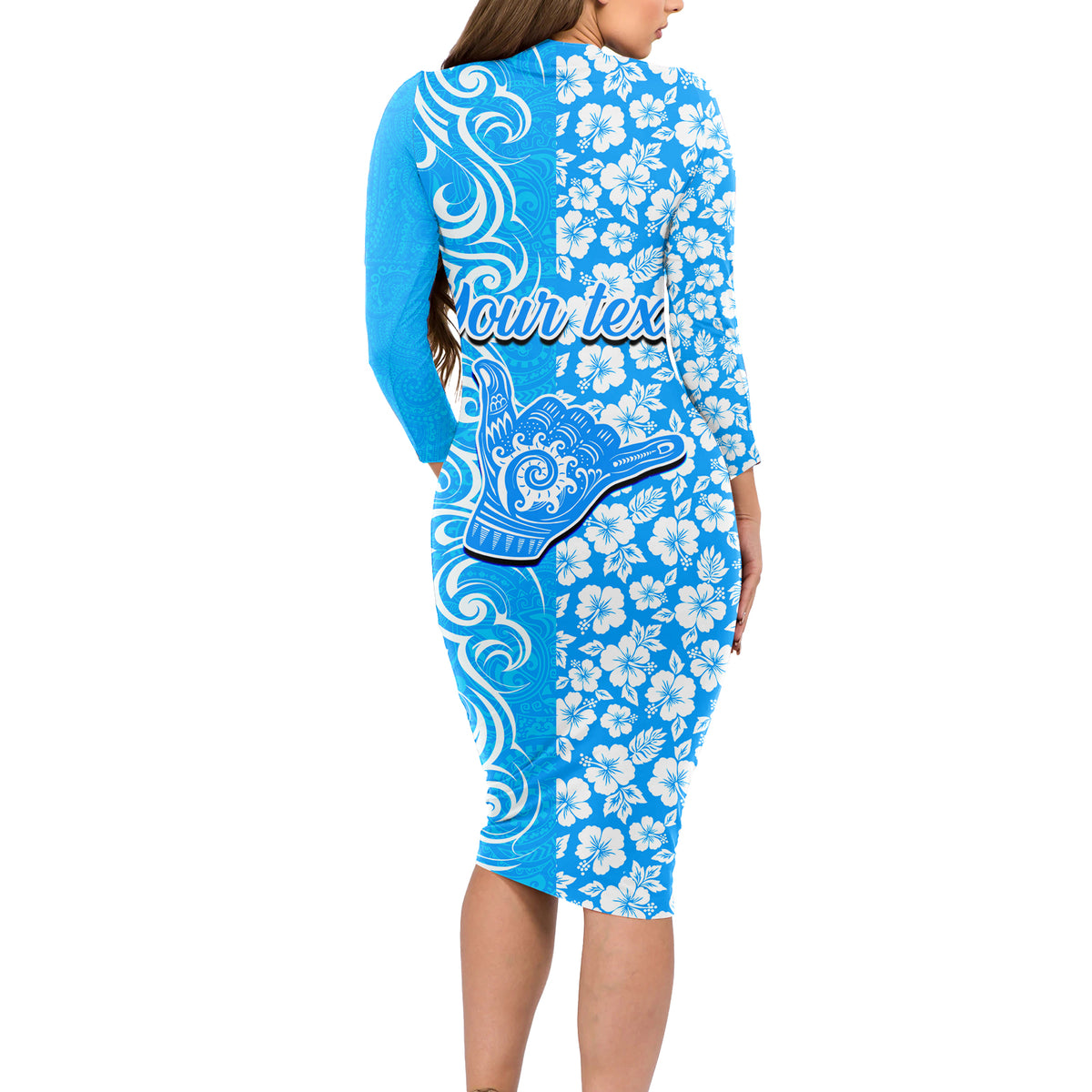 Custom Hawaii Kauai Island Long Sleeve Bodycon Dress Hibiscus Pattern Seamless Tribal Simple Blue LT03 - Polynesian Pride