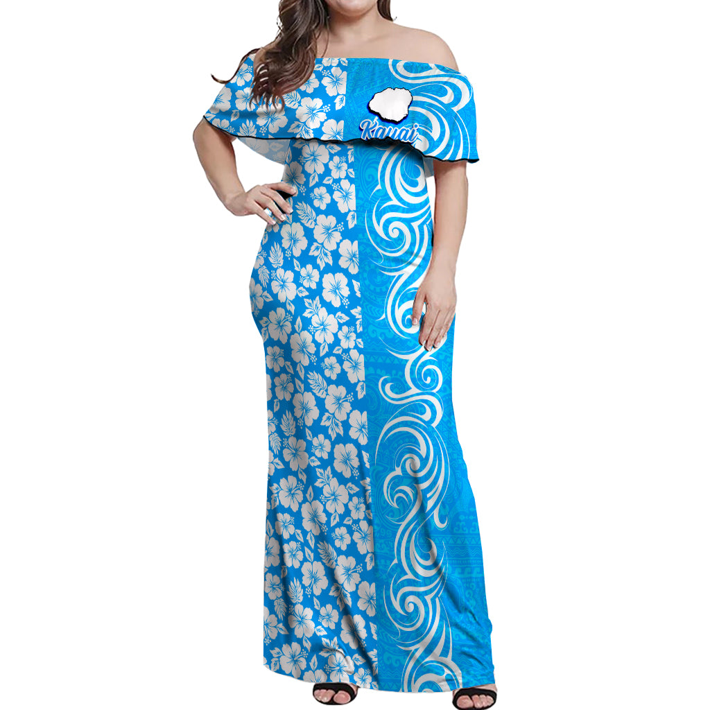 Custom Hawaii Kauai Island Off Shoulder Maxi Dress Hibiscus Pattern Seamless Tribal Simple Blue LT03 Women Blue - Polynesian Pride