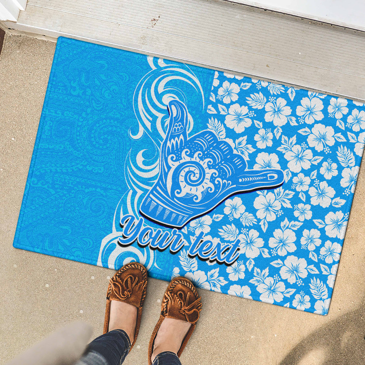 Custom Hawaii Kauai Island Rubber Doormat Hibiscus Pattern Seamless Tribal Simple Blue LT03 - Polynesian Pride