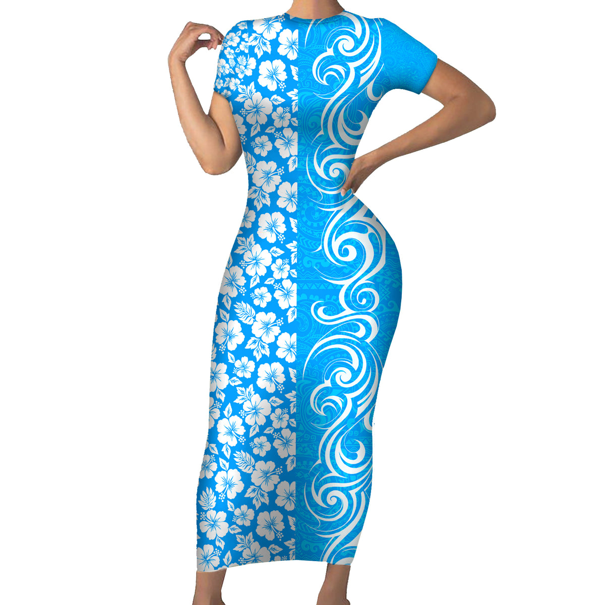 Custom Hawaii Kauai Island Short Sleeve Bodycon Dress Hibiscus Pattern Seamless Tribal Simple Blue LT03 Long Dress Blue - Polynesian Pride
