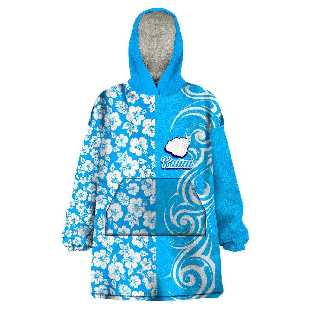 Custom Hawaii Kauai Island Wearable Blanket Hoodie Hibiscus Pattern Seamless Tribal Simple Blue LT03 One Size Blue - Polynesian Pride