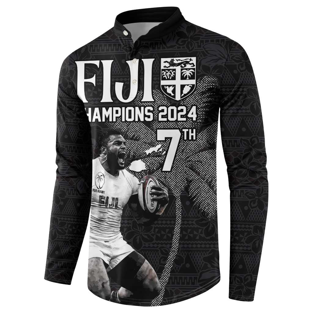Custom Fiji Rugby Pacific Champions 2024 Button Sweatshirt Anniversary 7 Titles - Fijians Rugby and Tapa Hibiscus Black Art