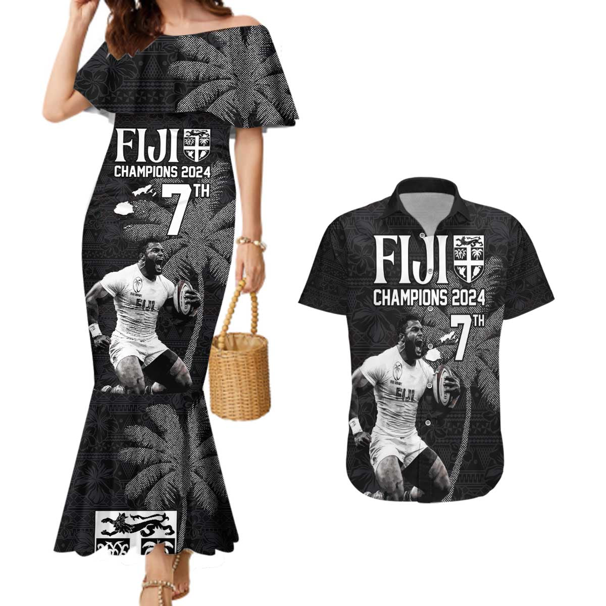 Custom Fiji Rugby Pacific Champions 2024 Couples Matching Mermaid Dress and Hawaiian Shirt Anniversary 7 Titles - Fijians Rugby and Tapa Hibiscus Black Art