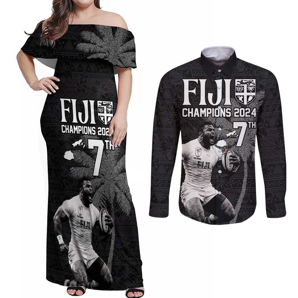 Custom Fiji Rugby Pacific Champions 2024 Couples Matching Off Shoulder Maxi Dress and Long Sleeve Button Shirt Anniversary 7 Titles - Fijians Rugby and Tapa Hibiscus Black Art