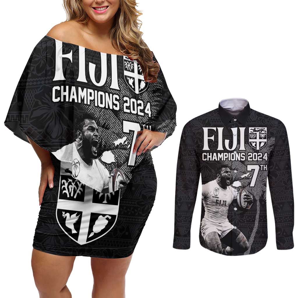 Custom Fiji Rugby Pacific Champions 2024 Couples Matching Off Shoulder Short Dress and Long Sleeve Button Shirt Anniversary 7 Titles - Fijians Rugby and Tapa Hibiscus Black Art