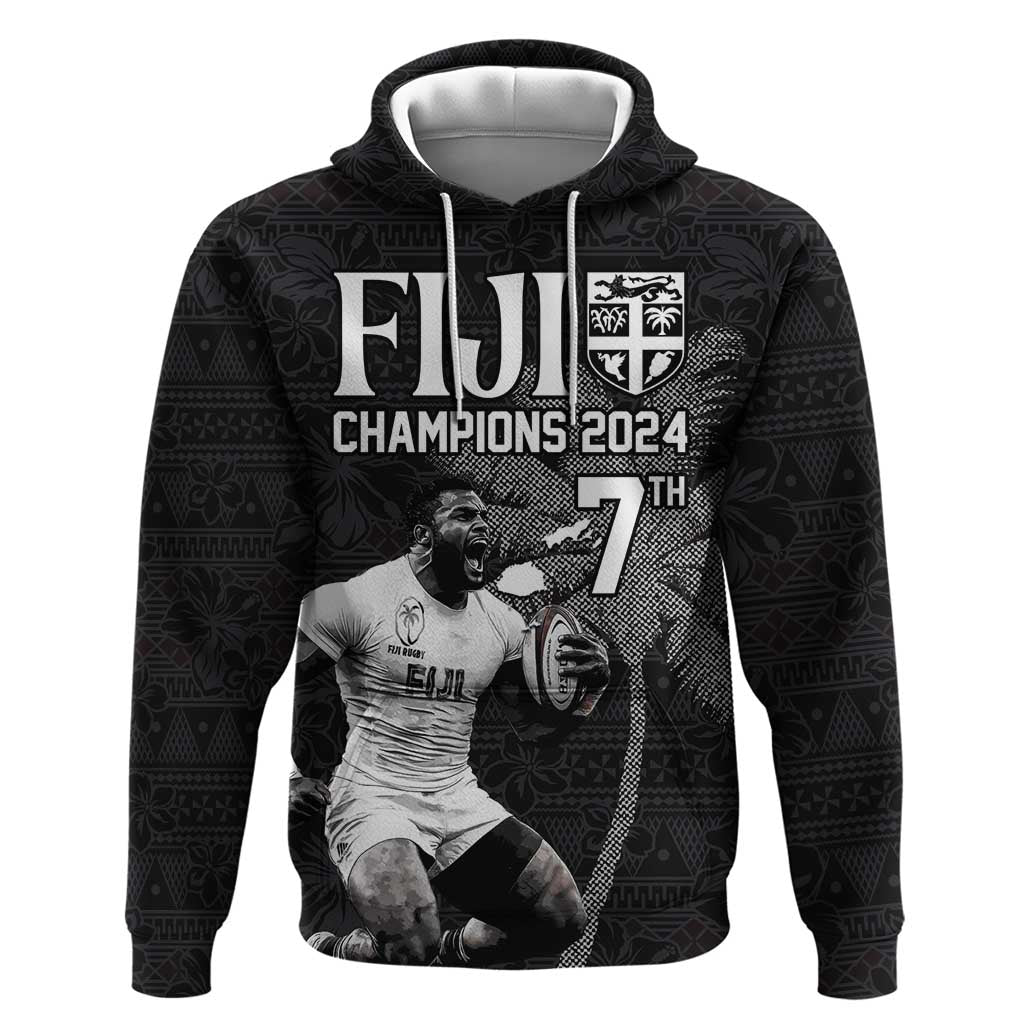 Custom Fiji Rugby Pacific Champions 2024 Hoodie Anniversary 7 Titles - Fijians Rugby and Tapa Hibiscus Black Art