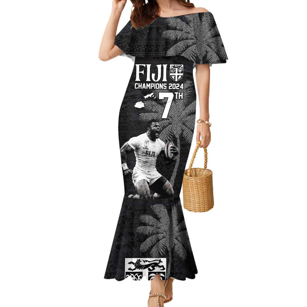 Custom Fiji Rugby Pacific Champions 2024 Mermaid Dress Anniversary 7 Titles - Fijians Rugby and Tapa Hibiscus Black Art