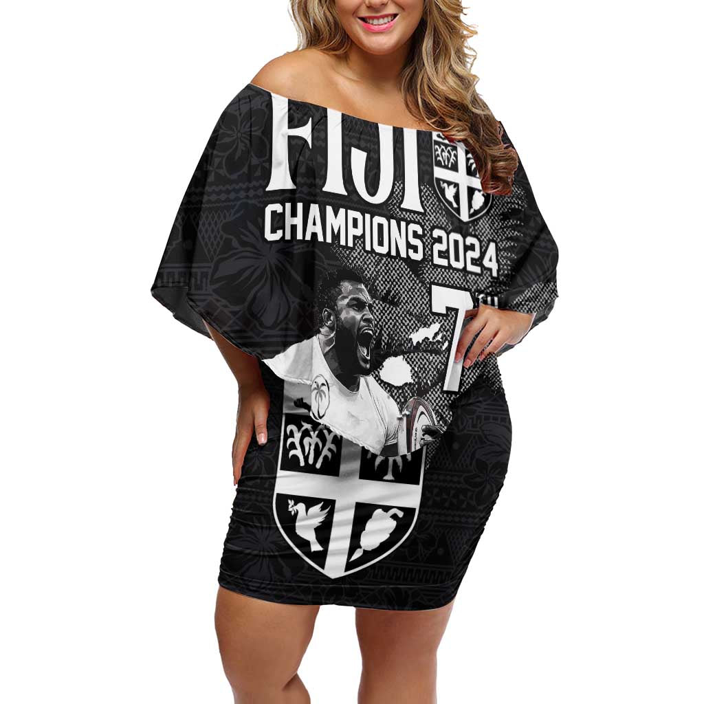 Custom Fiji Rugby Pacific Champions 2024 Off Shoulder Short Dress Anniversary 7 Titles - Fijians Rugby and Tapa Hibiscus Black Art