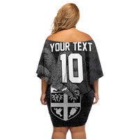 Custom Fiji Rugby Pacific Champions 2024 Off Shoulder Short Dress Anniversary 7 Titles - Fijians Rugby and Tapa Hibiscus Black Art