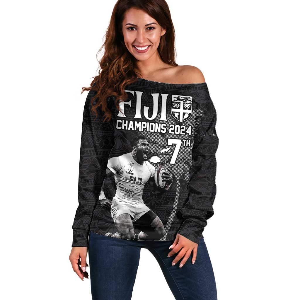 Custom Fiji Rugby Pacific Champions 2024 Off Shoulder Sweater Anniversary 7 Titles - Fijians Rugby and Tapa Hibiscus Black Art