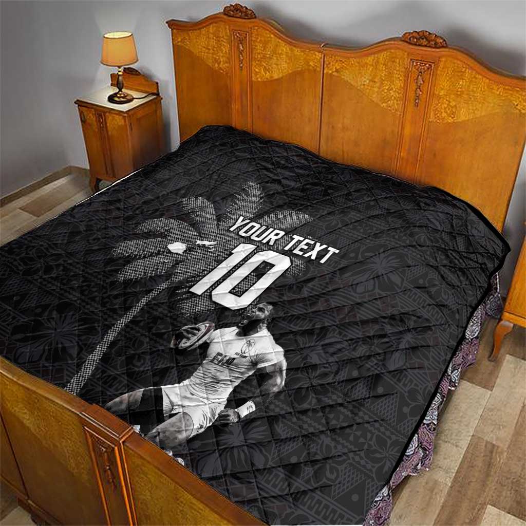 Custom Fiji Rugby Pacific Champions 2024 Quilt Anniversary 7 Titles - Fijians Rugby and Tapa Hibiscus Black Art