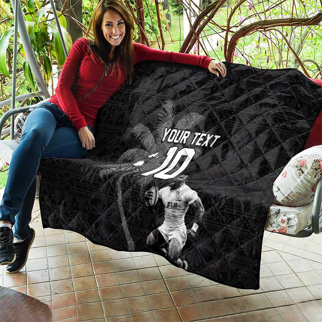 Custom Fiji Rugby Pacific Champions 2024 Quilt Anniversary 7 Titles - Fijians Rugby and Tapa Hibiscus Black Art