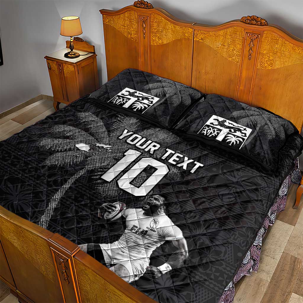 Custom Fiji Rugby Pacific Champions 2024 Quilt Bed Set Anniversary 7 Titles - Fijians Rugby and Tapa Hibiscus Black Art