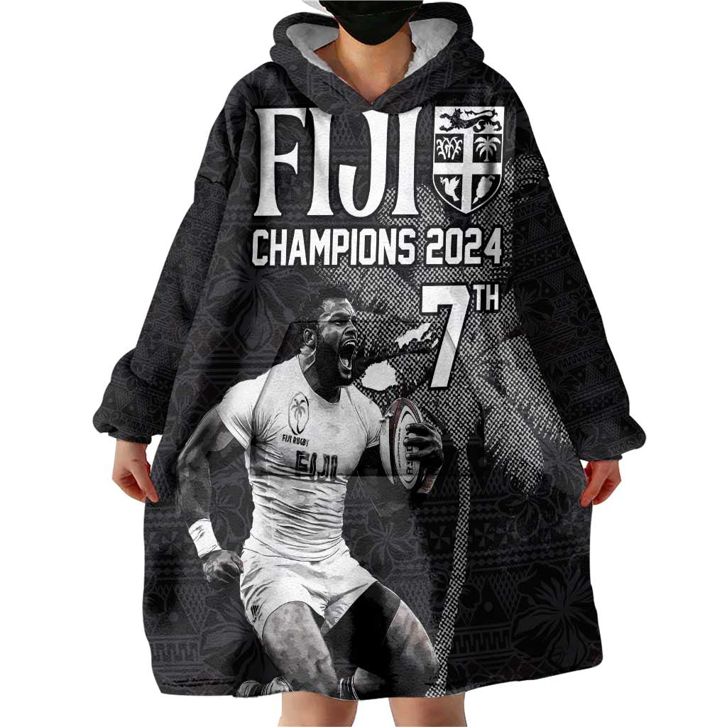 Custom Fiji Rugby Pacific Champions 2024 Wearable Blanket Hoodie Anniversary 7 Titles - Fijians Rugby and Tapa Hibiscus Black Art