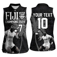 Custom Fiji Rugby Pacific Champions 2024 Women Sleeveless Polo Shirt Anniversary 7 Titles - Fijians Rugby and Tapa Hibiscus Black Art
