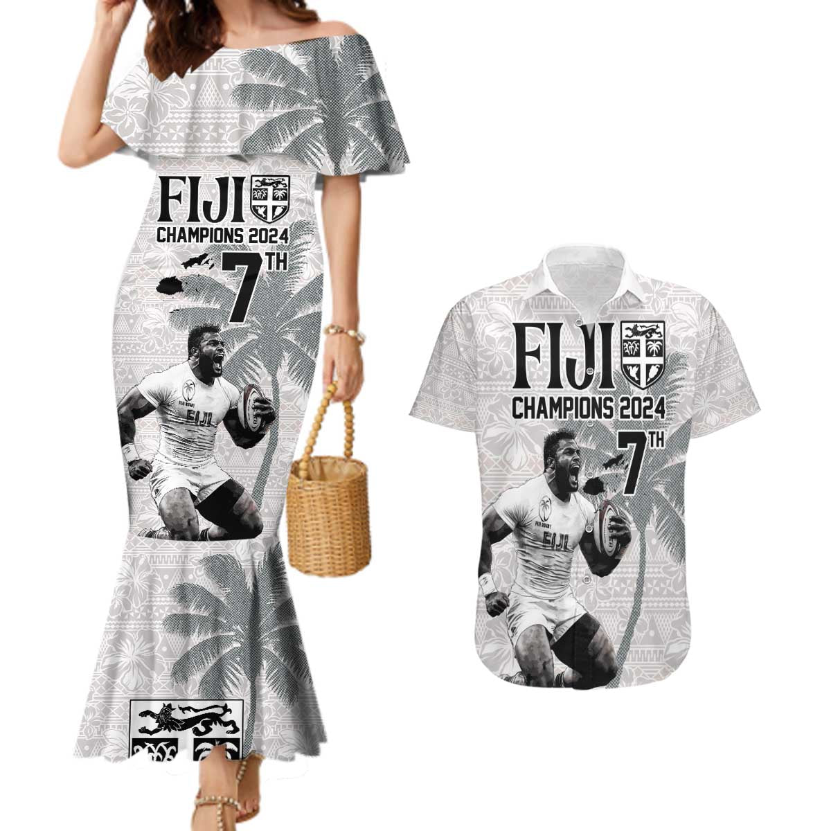 Custom Fiji Rugby Pacific Champions 2024 Couples Matching Mermaid Dress and Hawaiian Shirt Anniversary 7 Titles - Fijians Rugby and Tapa Hibiscus White Art