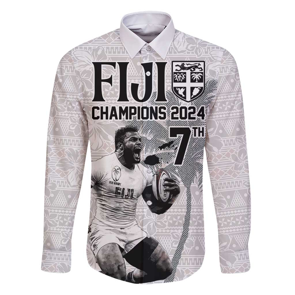 Custom Fiji Rugby Pacific Champions 2024 Family Matching Long Sleeve Bodycon Dress and Hawaiian Shirt Anniversary 7 Titles - Fijians Rugby and Tapa Hibiscus White Art