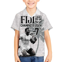 Custom Fiji Rugby Pacific Champions 2024 Family Matching Off Shoulder Maxi Dress and Hawaiian Shirt Anniversary 7 Titles - Fijians Rugby and Tapa Hibiscus White Art