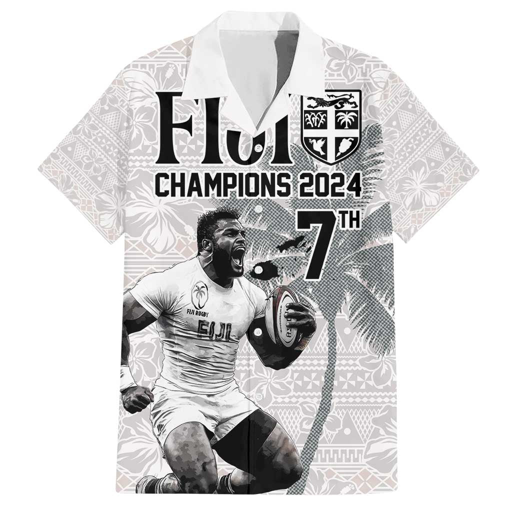 Custom Fiji Rugby Pacific Champions 2024 Family Matching Short Sleeve Bodycon Dress and Hawaiian Shirt Anniversary 7 Titles - Fijians Rugby and Tapa Hibiscus White Art