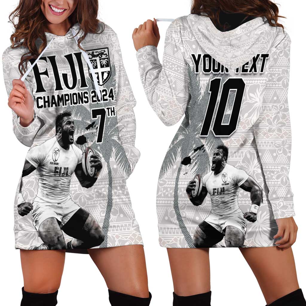 Custom Fiji Rugby Pacific Champions 2024 Hoodie Dress Anniversary 7 Titles - Fijians Rugby and Tapa Hibiscus White Art