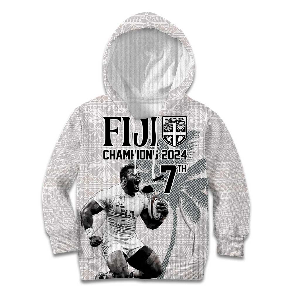 Custom Fiji Rugby Pacific Champions 2024 Kid Hoodie Anniversary 7 Titles - Fijians Rugby and Tapa Hibiscus White Art