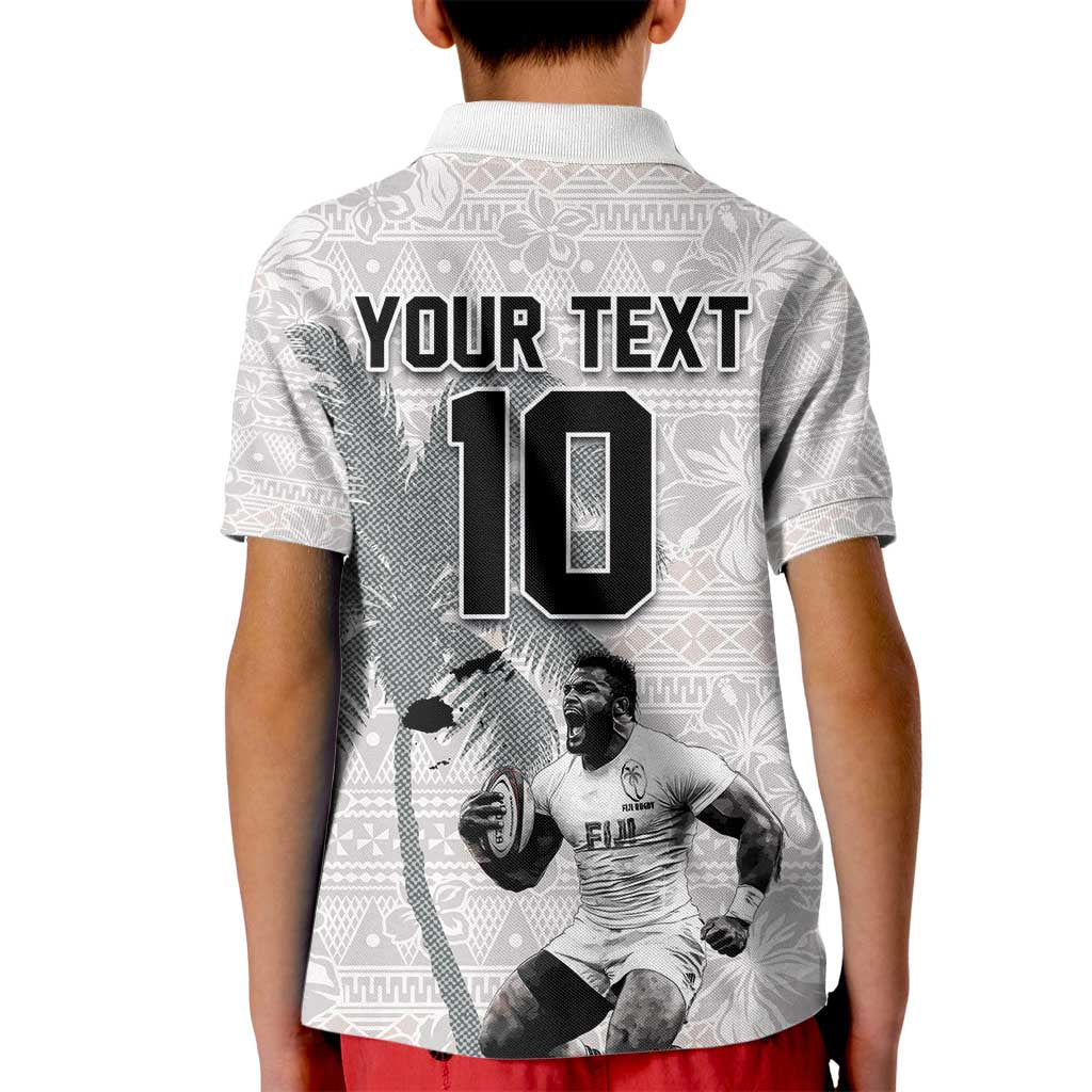 Custom Fiji Rugby Pacific Champions 2024 Kid Polo Shirt Anniversary 7 Titles - Fijians Rugby and Tapa Hibiscus White Art