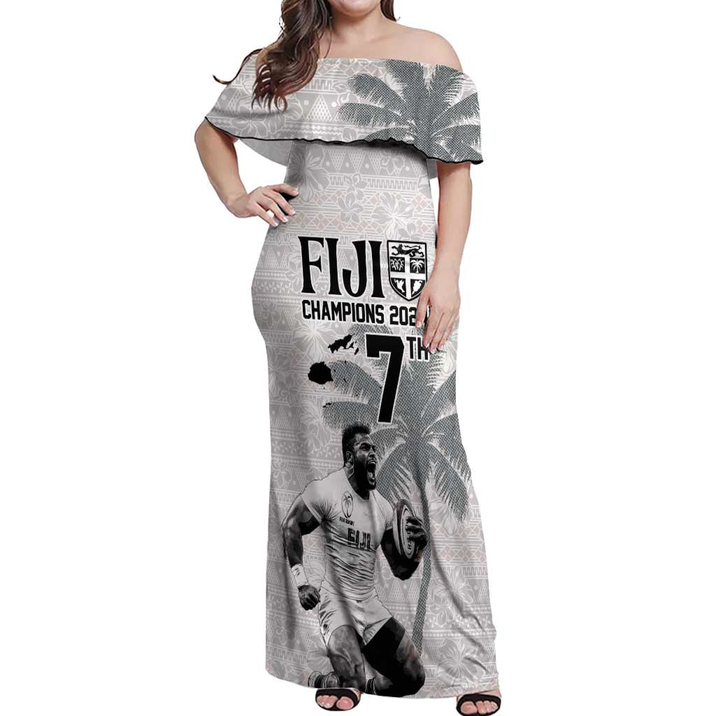 Custom Fiji Rugby Pacific Champions 2024 Off Shoulder Maxi Dress Anniversary 7 Titles - Fijians Rugby and Tapa Hibiscus White Art