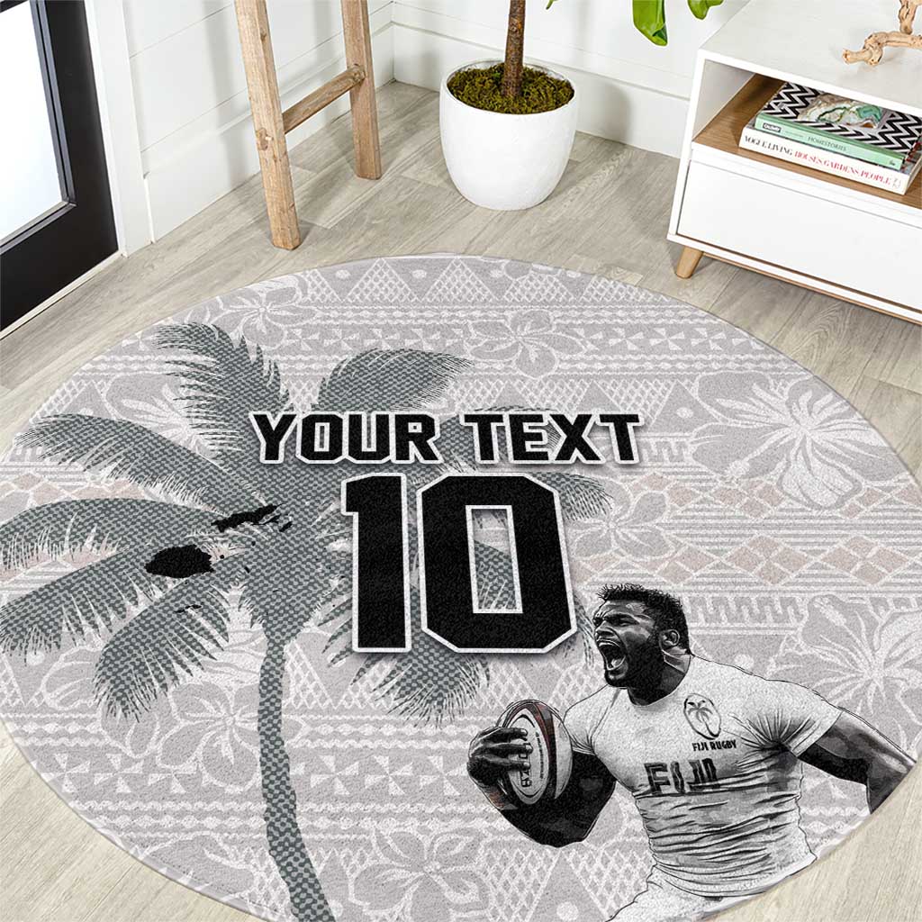 Custom Fiji Rugby Pacific Champions 2024 Round Carpet Anniversary 7 Titles - Fijians Rugby and Tapa Hibiscus White Art