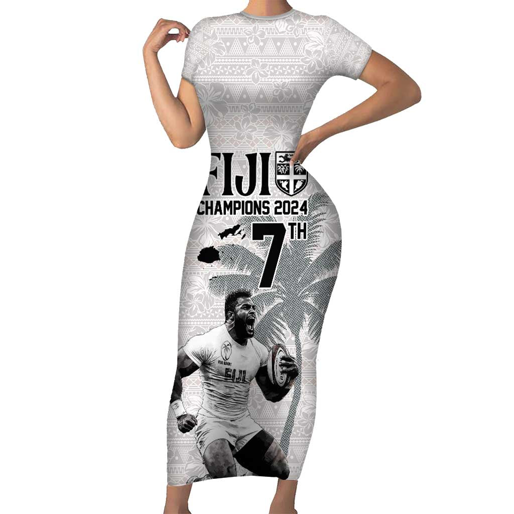 Custom Fiji Rugby Pacific Champions 2024 Short Sleeve Bodycon Dress Anniversary 7 Titles - Fijians Rugby and Tapa Hibiscus White Art