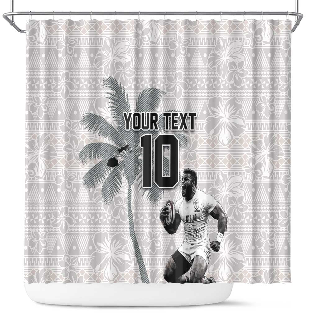 Custom Fiji Rugby Pacific Champions 2024 Shower Curtain Anniversary 7 Titles - Fijians Rugby and Tapa Hibiscus White Art