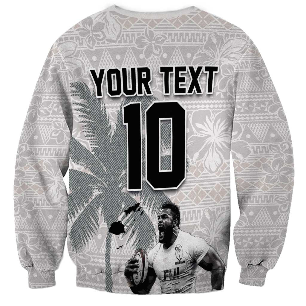 Custom Fiji Rugby Pacific Champions 2024 Sweatshirt Anniversary 7 Titles - Fijians Rugby and Tapa Hibiscus White Art