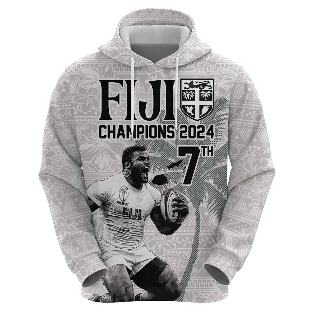 Custom Fiji Rugby Pacific Champions 2024 Zip Hoodie Anniversary 7 Titles - Fijians Rugby and Tapa Hibiscus White Art