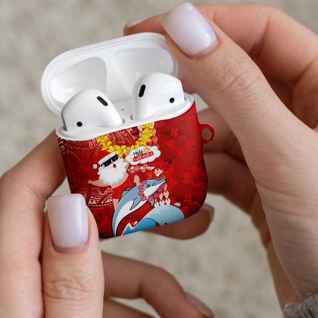 Hawaiian Mele Kalikimaka AirPods Case Funny Santa Riding Lei Dolphin with Kakau Tattoos - Polynesian Pride