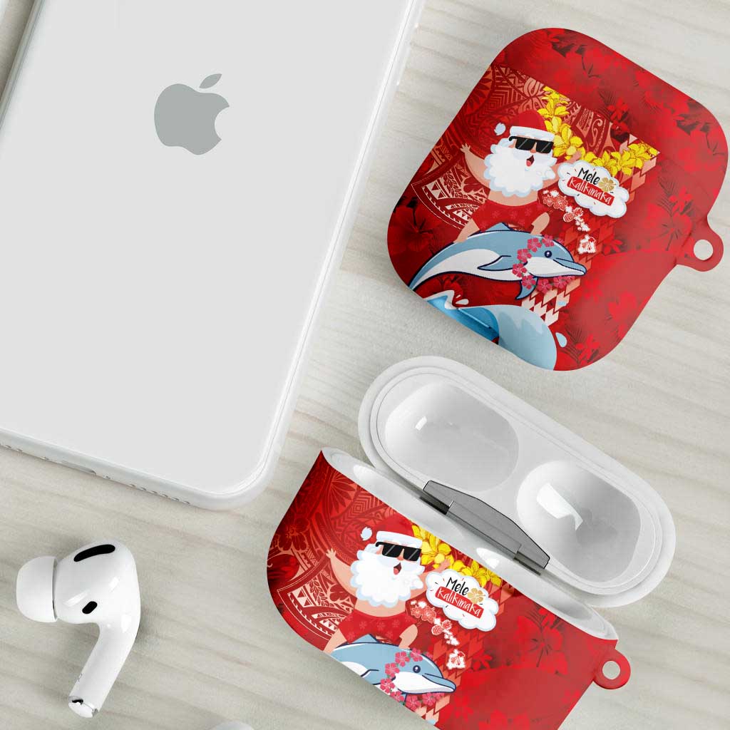 Hawaiian Mele Kalikimaka AirPods Case Funny Santa Riding Lei Dolphin with Kakau Tattoos - Polynesian Pride