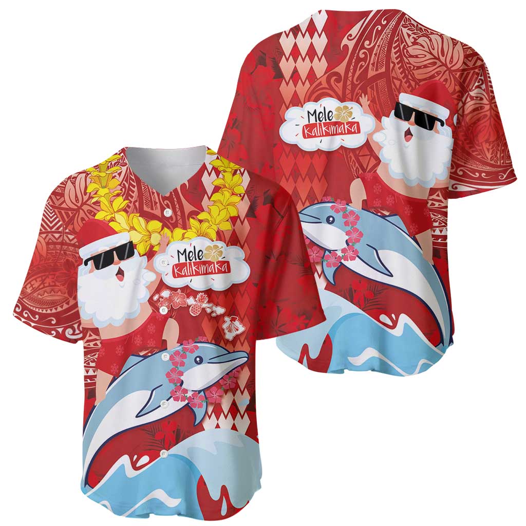 Hawaiian Mele Kalikimaka Baseball Jersey Funny Santa Riding Lei Dolphin with Kakau Tattoos - Polynesian Pride